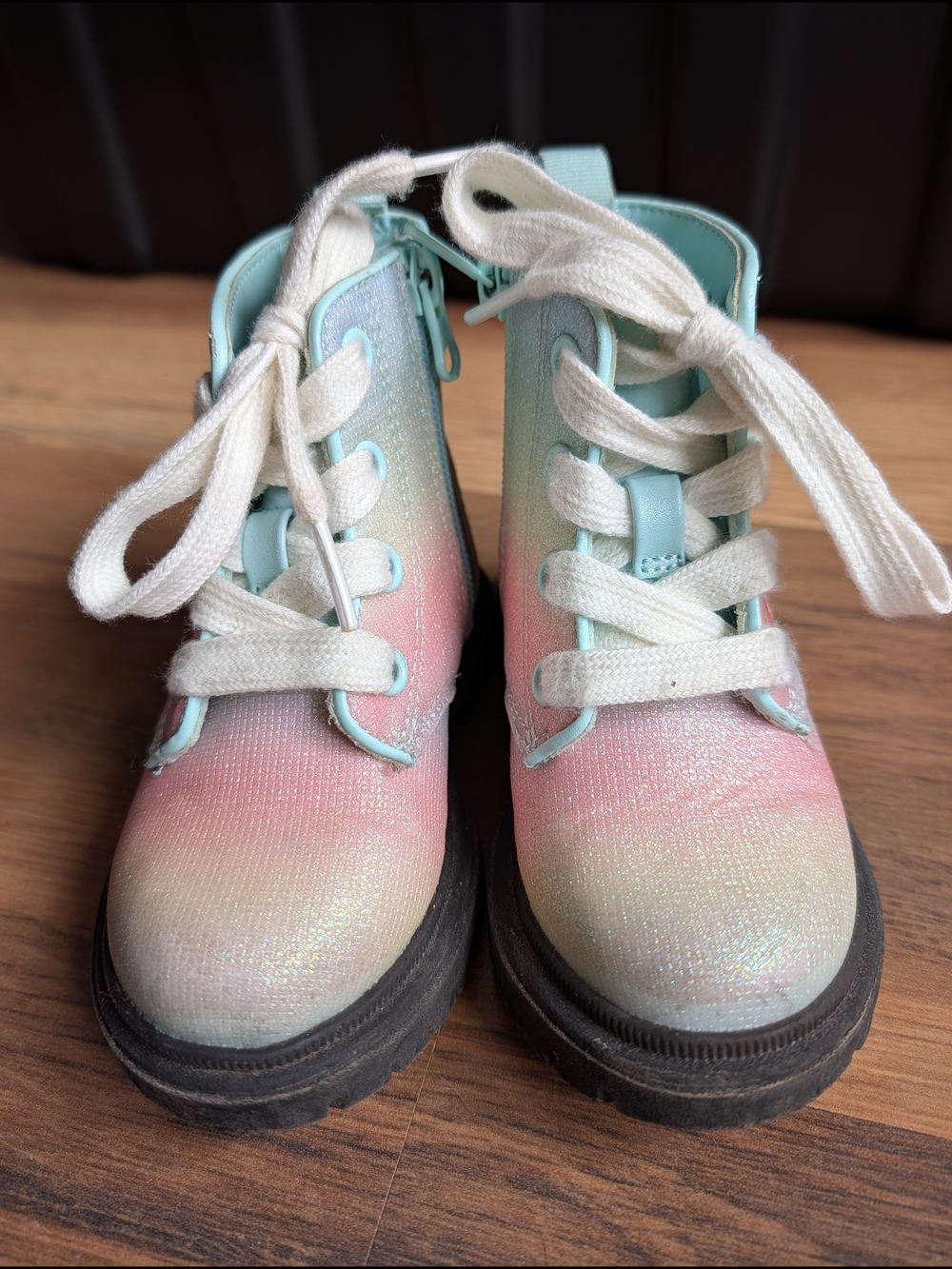 Cat & Jack Pastel Rainbow Glitter Lace-Up Combat Boots Size 7 Unicorn Mermaid - Picture 5 of 10